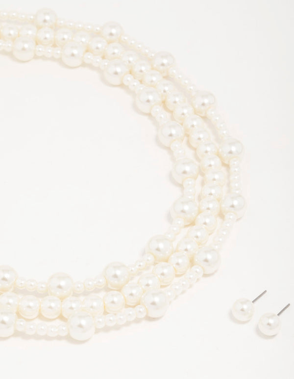 Silver Pearl Layered Necklace & Earrings Set