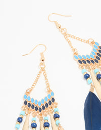 Gold Blue Feather Tassel Drop Earrings - link has visual effect only
