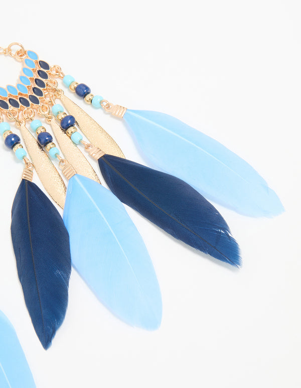 Gold Blue Feather Tassel Drop Earrings