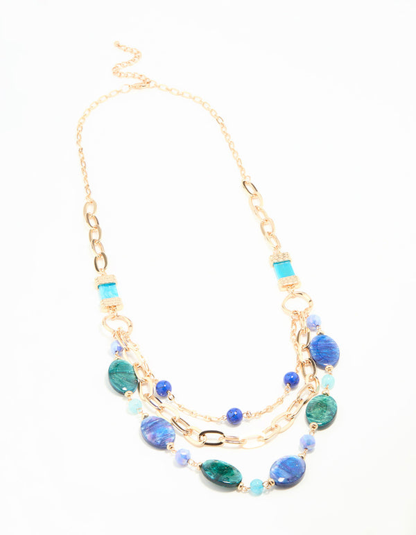 Blue Beaded Long Layered Necklace