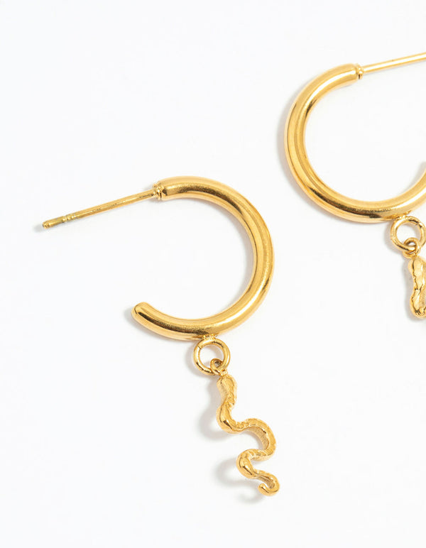 Waterproof Gold Plated Stainless Steel Sleek & Snake Charm Hoop Earrings 2-Pack