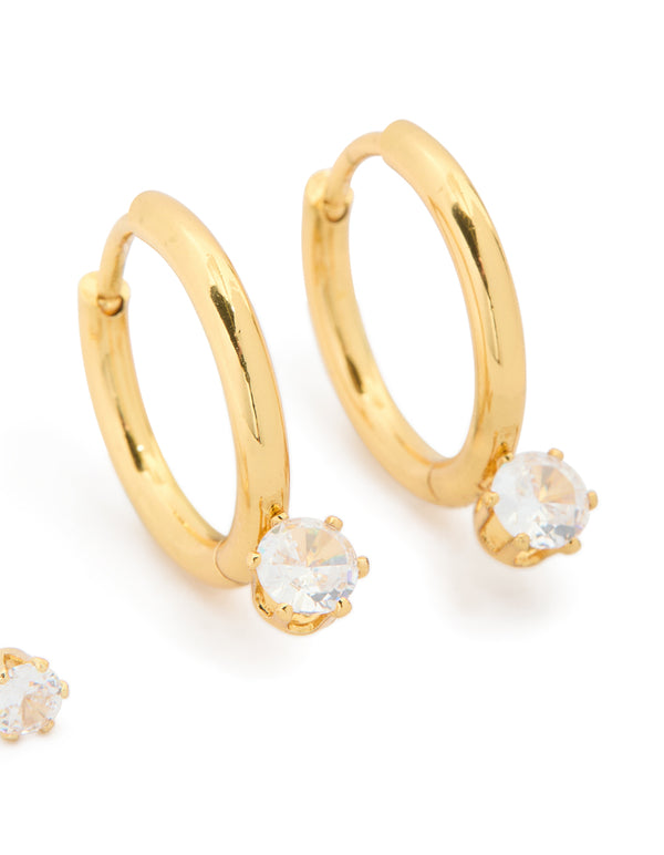 Waterproof Gold Plated Surgical Steel Mini Cubic Zirconia Earrings 2-Pack