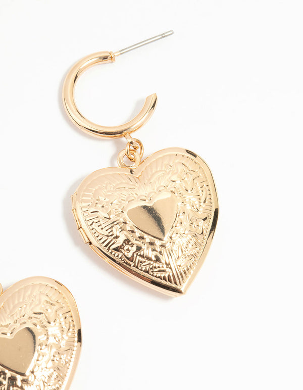 Gold Heart Locket Drop Earrings