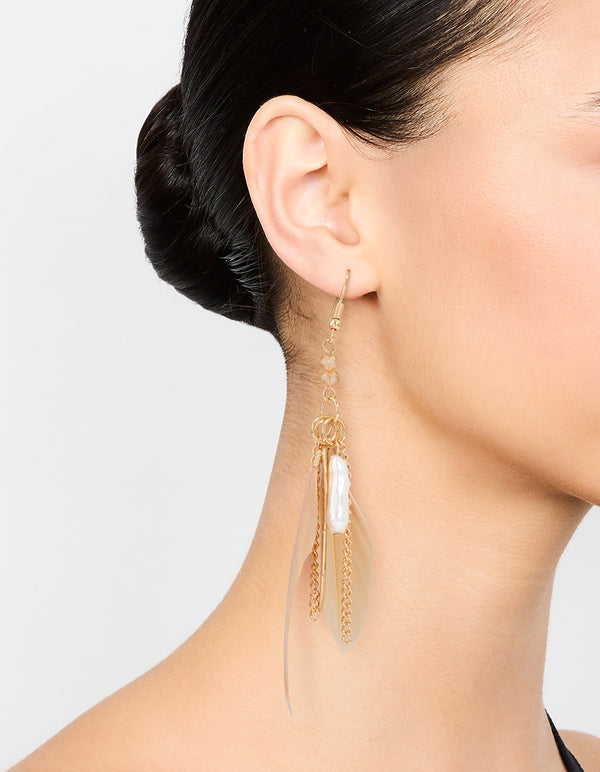 Gold Pearl Leaf Feather Hook Earrings