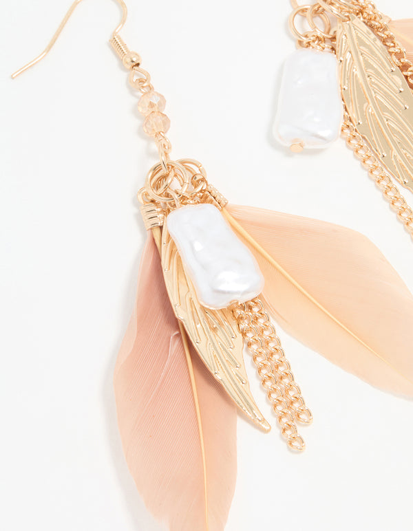 Gold Pearl Leaf Feather Hook Earrings