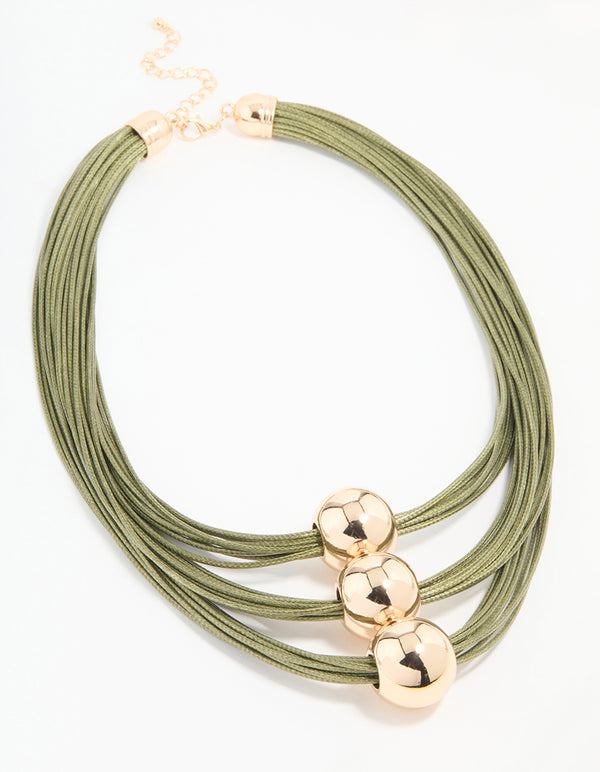 Gold Green Cord Ball Layered Necklace