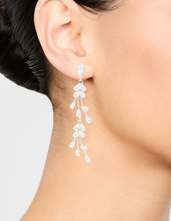 Silver Cubic Zirconia Fan-Shaped Drop Earrings