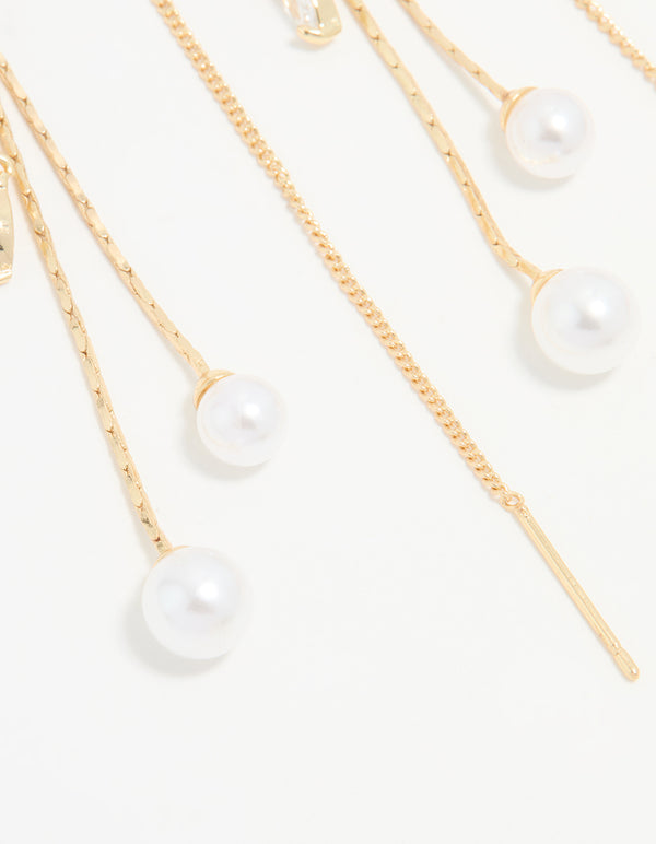 Gold Cubic Zirconia Pearl Leaf Drop Hook Earrings