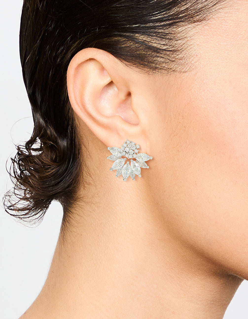 Silver Cubic Zirconia Lotus Flower Stud Earrings
