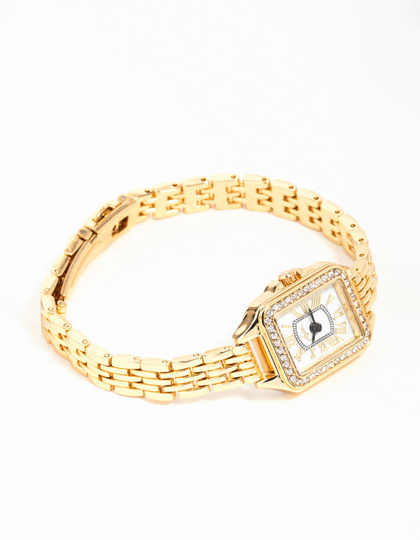 Gold Diamante Mini Rectangular Watch