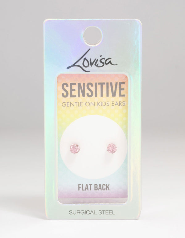 Kids Surgical Steel Pink Diamante Flat Back Earrings