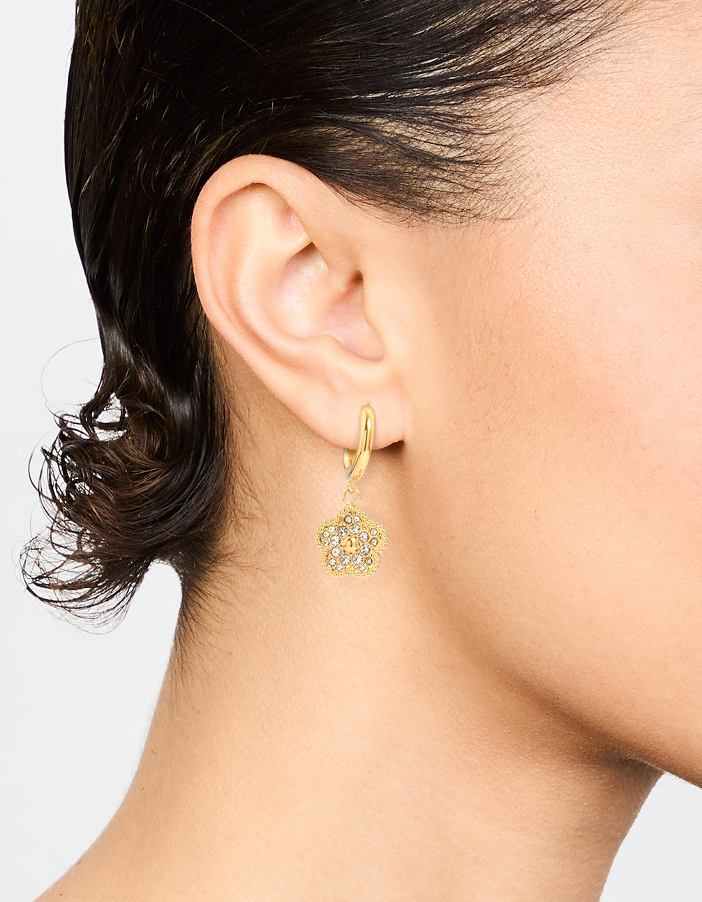 Waterproof Gold Plated Stainless Steel Cubic Zirconia Flower Drop Hoop Earrings