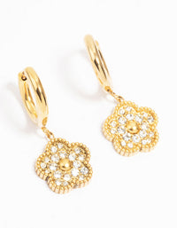 Waterproof Gold Plated Stainless Steel Cubic Zirconia Flower Drop Hoop Earrings - link has visual effect only