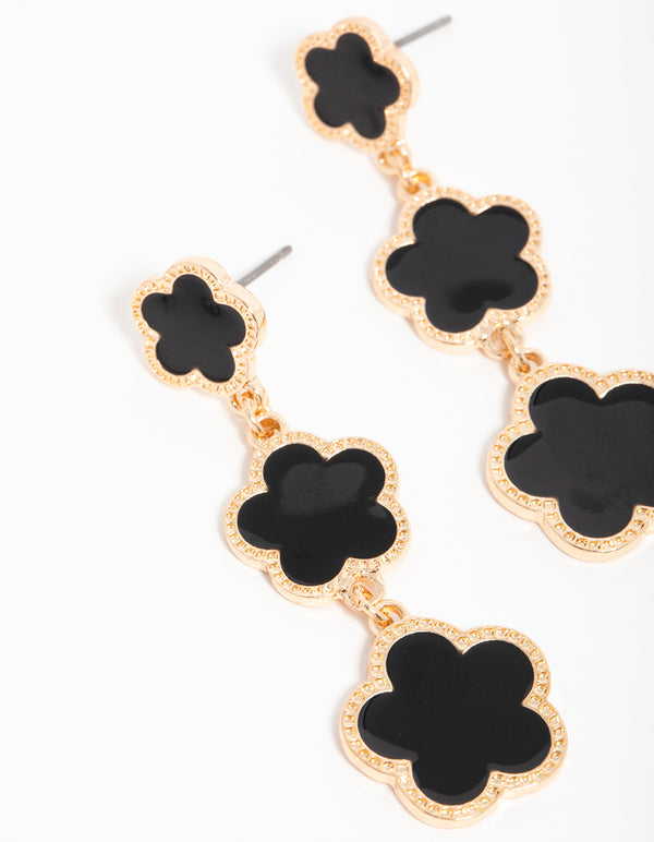 Gold Black Flower Drop Earrings