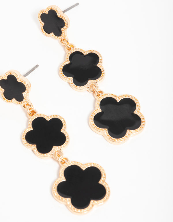 Gold Black Flower Drop Earrings