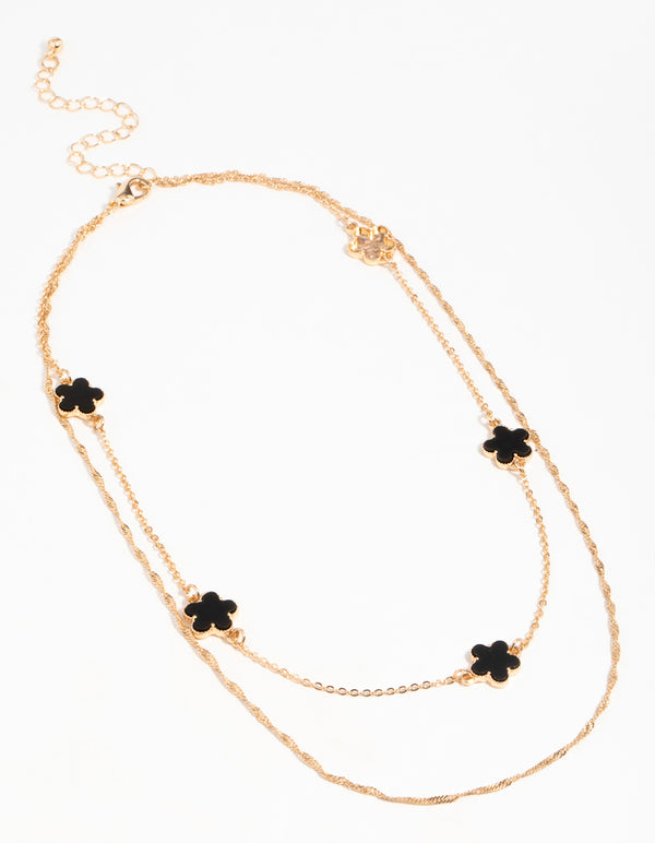 Gold Black Black Flower Layered Necklace