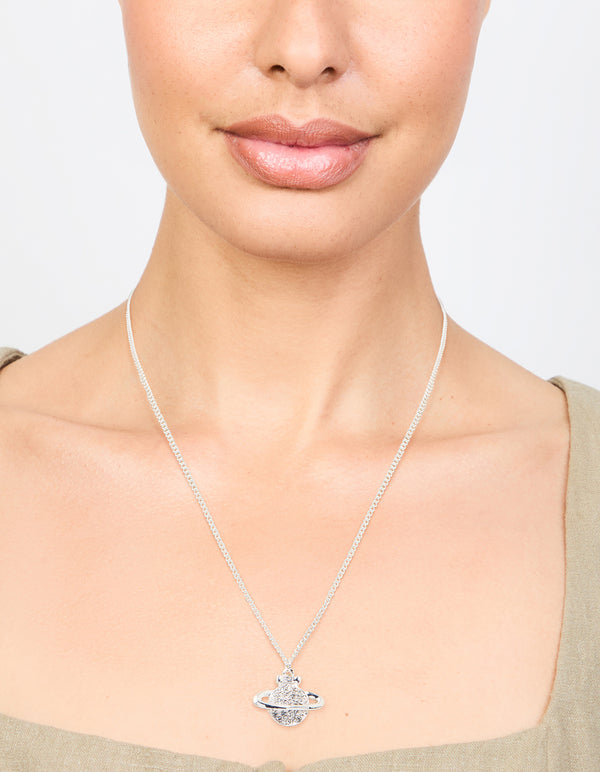 Silver Diamante Planet Pendant Necklace