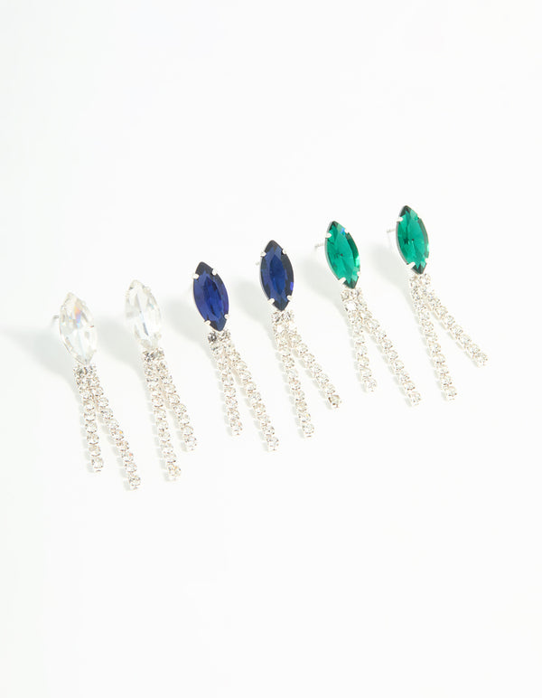 Silver Diamante Marquise Double Cupchain Drop Earrings 3-Pack