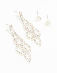 Silver Ornate Diamante Drop & Stud Earrings 2-Pack - link has visual effect only