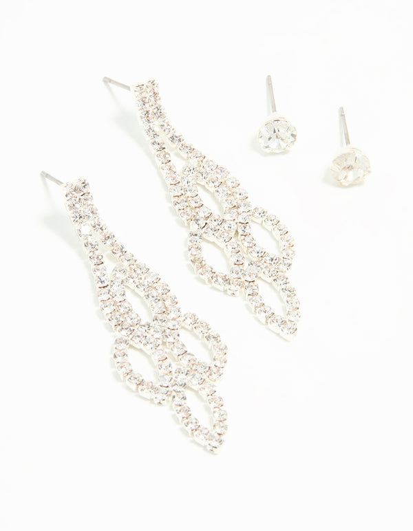 Silver Ornate Diamante Drop & Stud Earrings 2-Pack