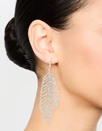 Silver Diamante Large Leaf Outline Hook Drop Earrings - link has visual effect only