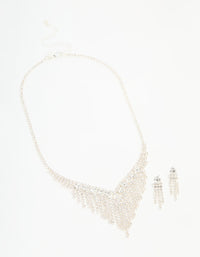 Silver Diamante Cupchain Tassel Vine Necklace & Earrings Set - link has visual effect only