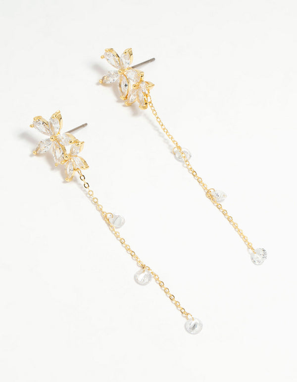 Gold Plated Cubic Zirconia Flower Chain Drop Earrings