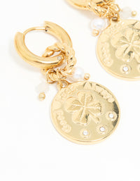 Waterproof Gold Plated Stainless Steel Clover Coin Drop Hoop Earrings - link has visual effect only