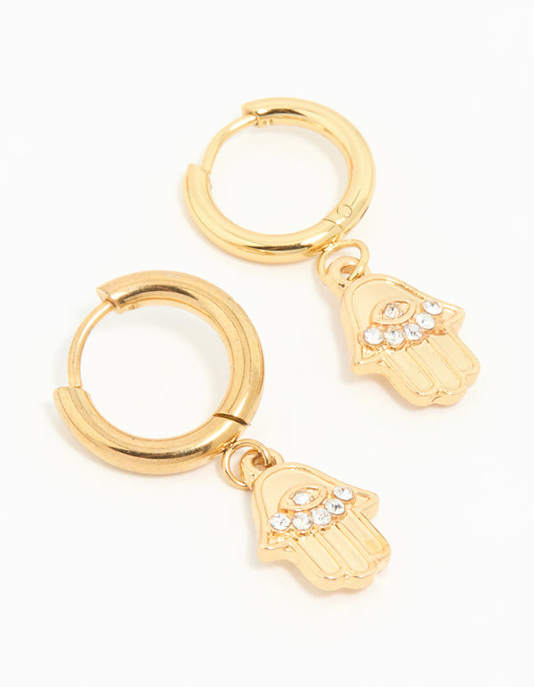 Waterproof Gold Plated Stainless Steel Hamsa Hand Hoop Earrings
