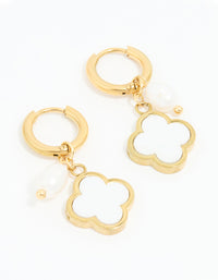 Waterproof Gold Plated Stainless Steel Pearl & Flower Hoop Earrings - link has visual effect only