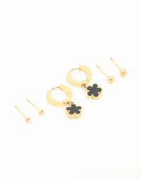 Waterproof Gold Plated Stainless Steel Flower & Star Earrings 3-Pack - link has visual effect only