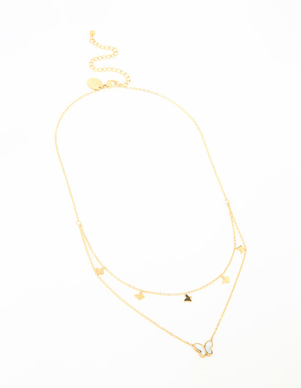 Waterproof Gold Plated Stainless Steel Butterfly Layered Necklace