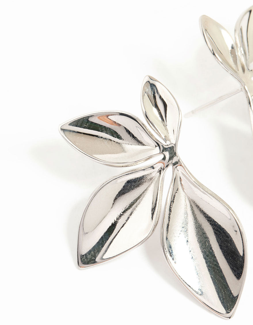 Featuring waterproof stainless steel leaf cluster stud earrings in silver close up view