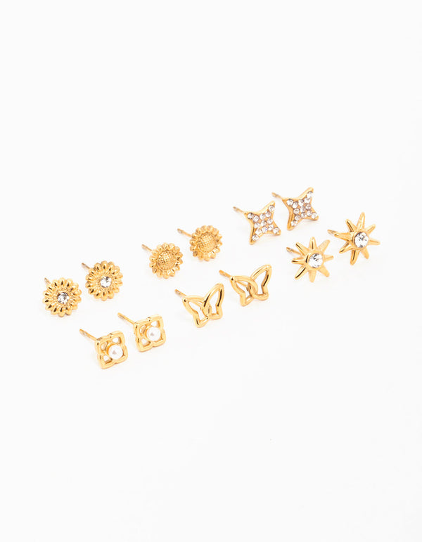 Waterproof Gold Plated Stainless Steel Cubic Zirconia Butterfly Stud Earrings 6-Pack