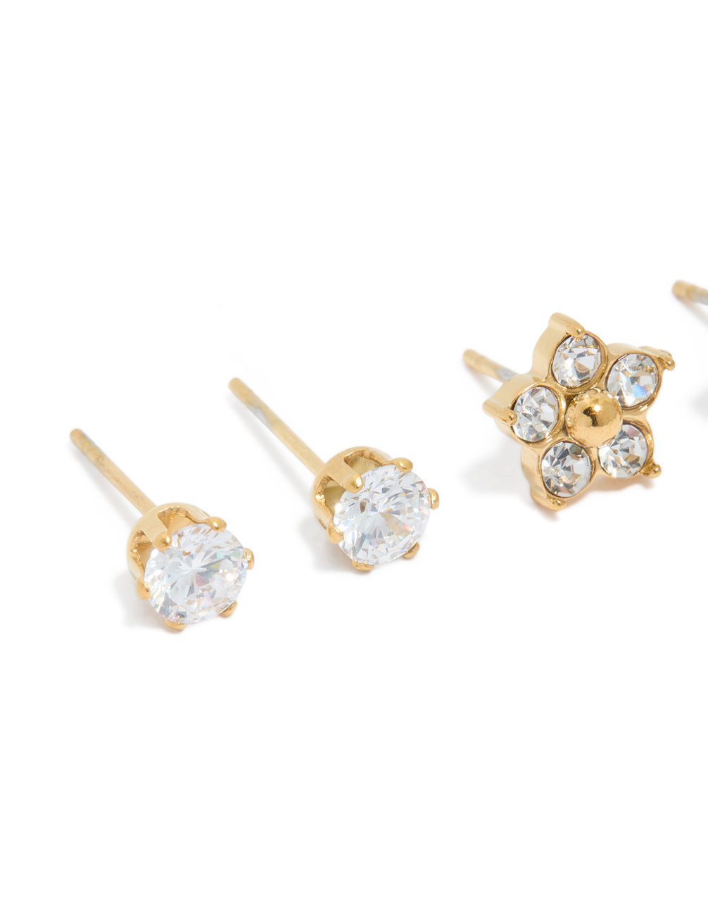 Detailed perspective of waterproof gold plated stainless steel pearl and stud earrings 3-pack with floral close up view