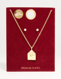 Gold Plated Cubic Zirconia Envelope Necklace & Stud Earrings Set - link has visual effect only