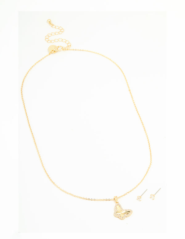 Gold Plated Cubic Zirconia Butterfly Necklace & Stud Earrings Set