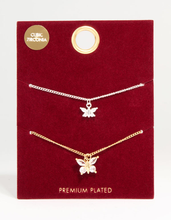 Mixed Metal Cubic Zirconia Butterfly Link Toggle Bracelets 2-Pack