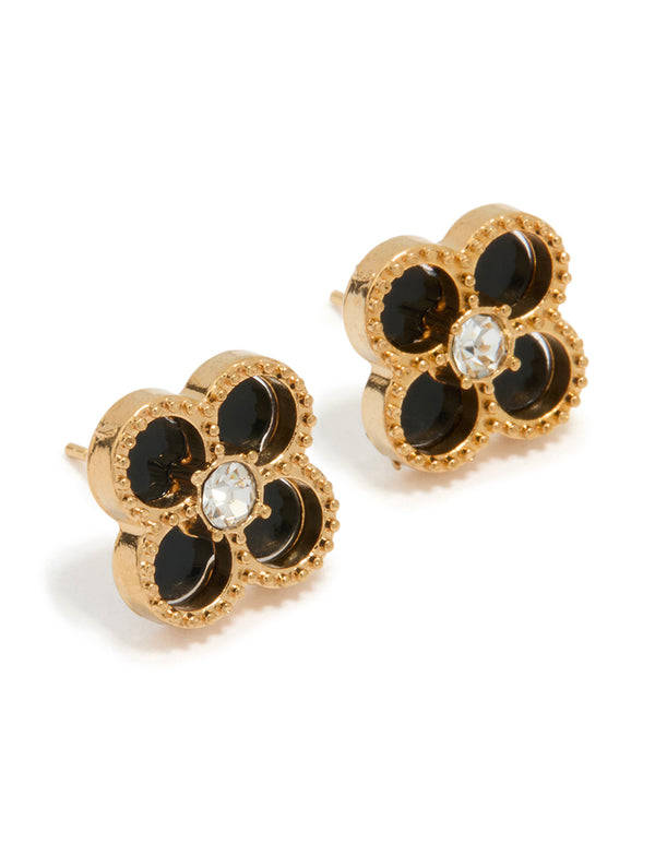 Waterproof Gold Plated Stainless Steel Black Flower Stud Earrings