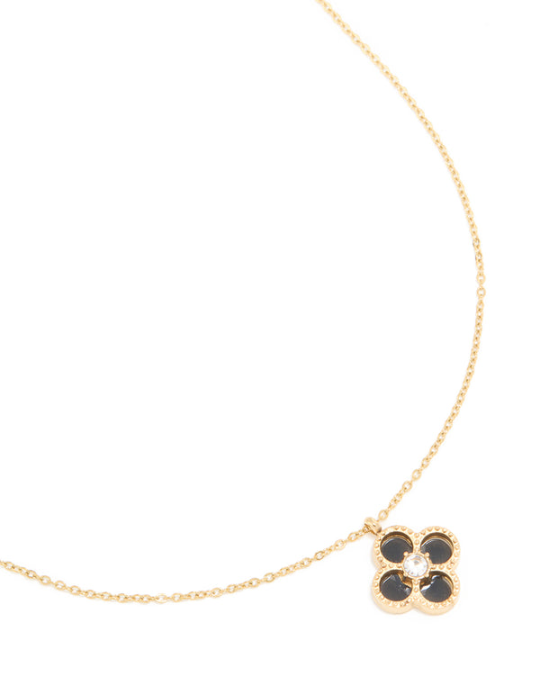 Waterproof Gold Plated Stainless Steel Black Flower Pendant Necklace