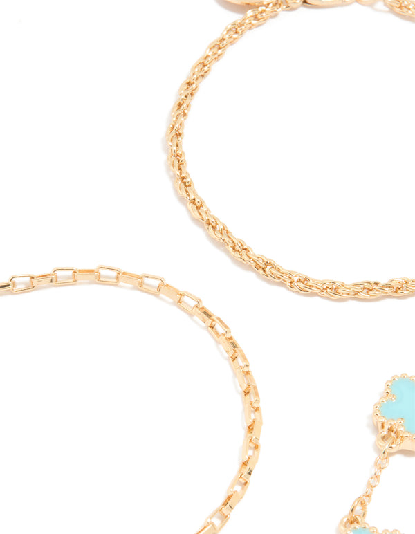Gold Blue Flower & Chain Bracelets 3-Pack