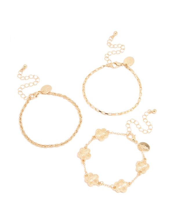 Gold Ribbed Flower & Chain Bracelets 3-Pack