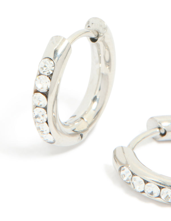 Waterproof Stainless Steel Cubic Zirconia Round Clicker Huggie earrings