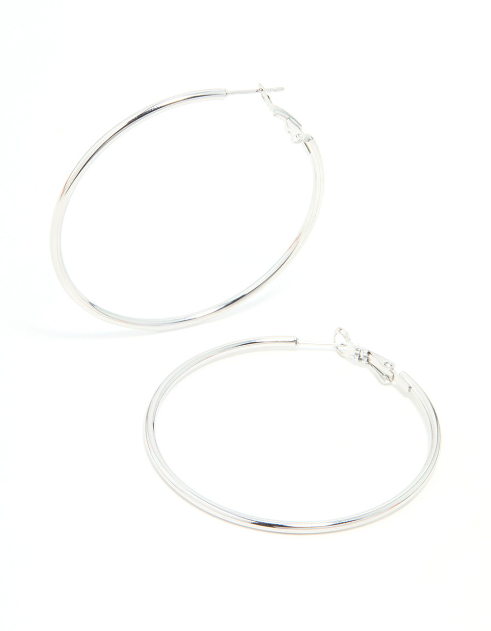Explore statement hoop earrings, 50 mm in surgical steel with silver finish front view