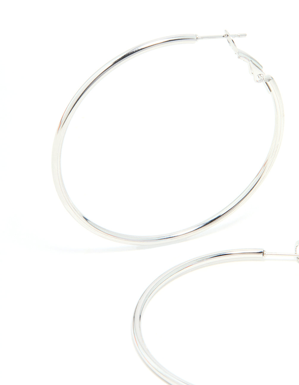 Presenting statement hoop earrings, 50 mm in surgical steel with silver finish close up view