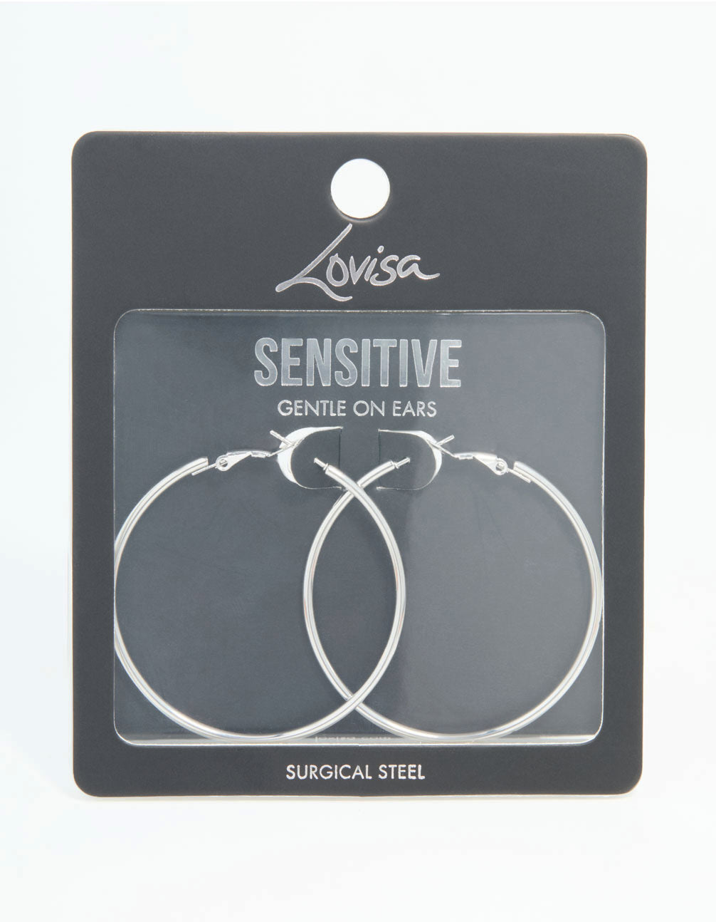 Explore statement hoop earrings, 50 mm in surgical steel with silver finish front view