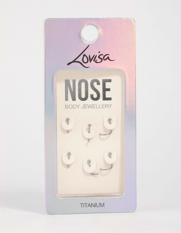 Titanium Cubic Zirconia Classic Nose Studs 6-Pack