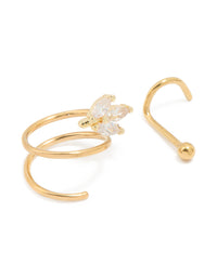 Gold Plated Surgical Steel Cubic Zirconia Hook & Nose Ring 3-Pack - link has visual effect only