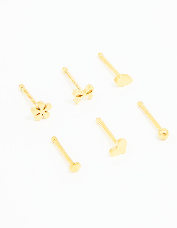 Gold Plated Surgical Steel Heart, Bow & Flower Nose Stud 6-Pack
