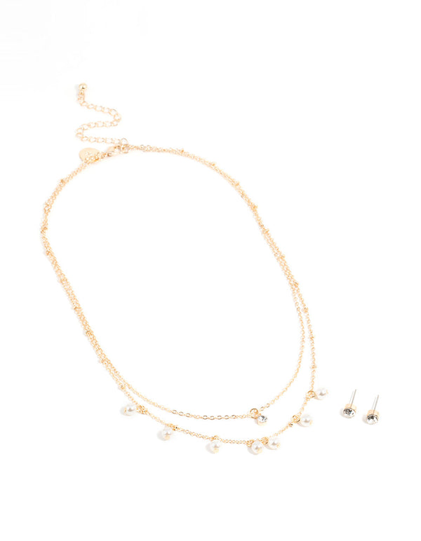 Gold Layered Pearl Necklace & Diamante Stud Earrings Set